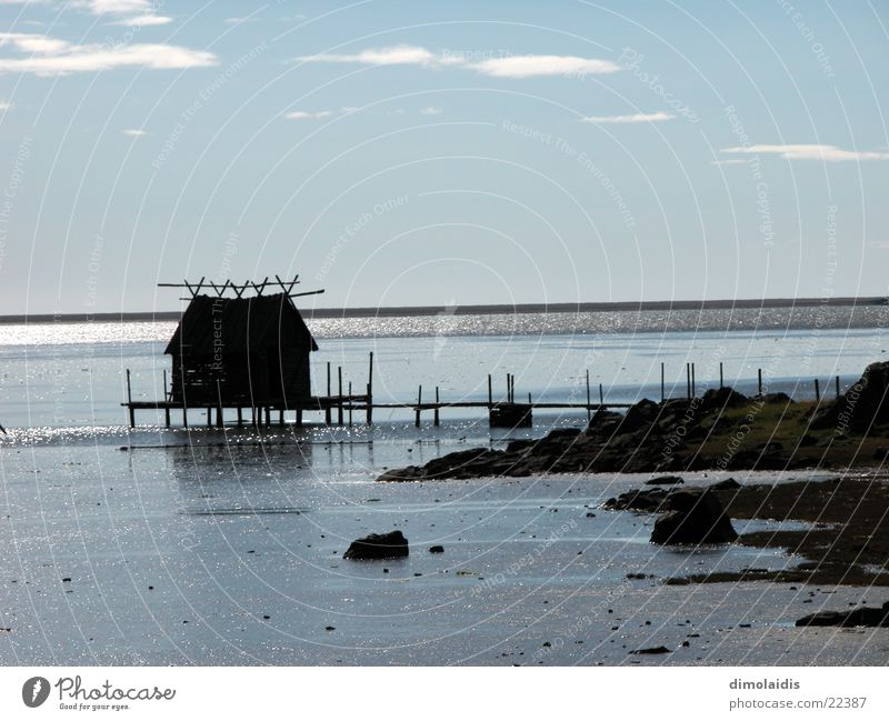 Day at the sea House (Residential Structure) Ocean Fisherman Footbridge Sunset Low tide Fishing (Angle) Water High tide Reflection Evening