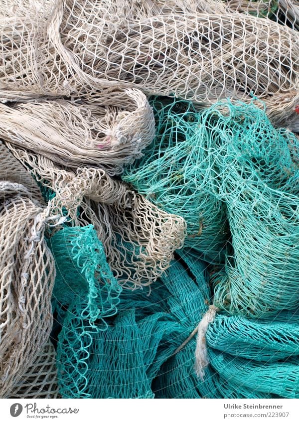 rope team  colourful fishing nets with thick coloured ropes and fishing  balls lie on quay wall - a Royalty Free Stock Photo from Photocase