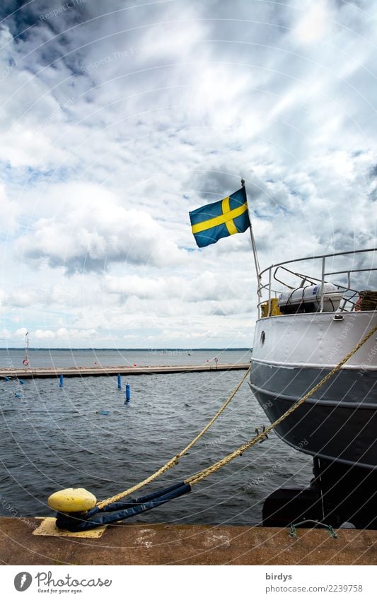 The Swedish cutter has moored Vacation & Travel Ocean Sky Clouds Horizon Wind Baltic Sea Sweden Harbour Navigation Fishing boat Rope Flag Swimming & Bathing