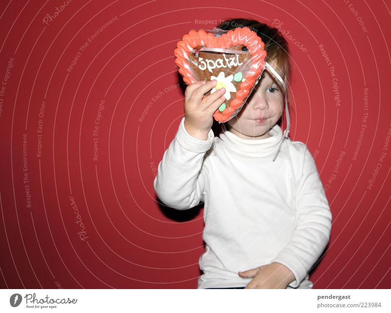 gingerbread greetings Candy Child Toddler Boy (child) 1 Human being 1 - 3 years Feasts & Celebrations To enjoy Red Gingerbread heart Colour photo Interior shot