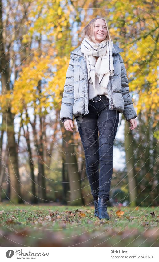 Autumn walk V Lifestyle Style Trip Human being Feminine Young woman Youth (Young adults) 1 18 - 30 years Adults Nature Fashion Jeans Jacket Scarf Boots Going