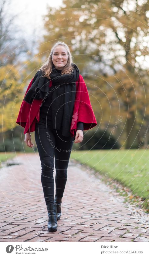 autumn walk Human being Feminine Young woman Youth (Young adults) 1 18 - 30 years Adults Fashion Going Smiling Walking Elegant Friendliness Happiness Beautiful