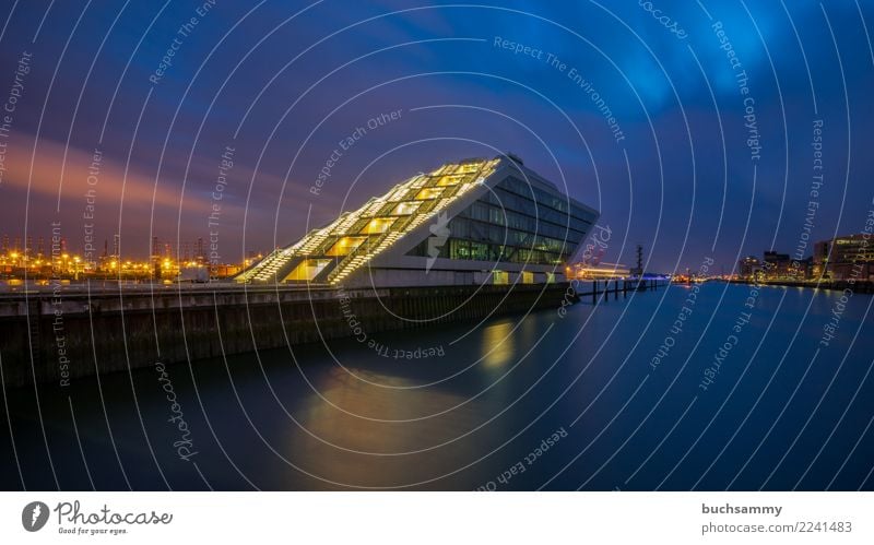Dockland in the Port of Hamburg Office Water River Town Harbour Building Architecture Orange dockland Elbe Europe light stars Navigation Germany Sky