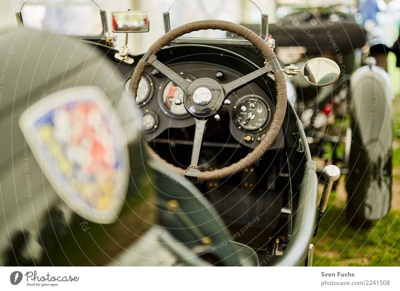 Cockpit of a classic car racing car Shows Means of transport Passenger traffic Motoring Vehicle Car Vintage car Convertible Sports car Green Nostalgia Insurance