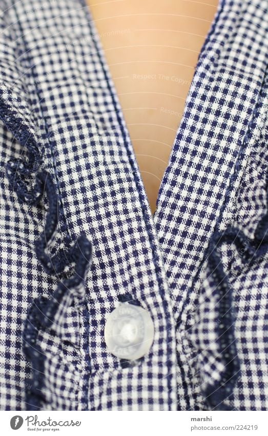 TOGGLE KNOBS Feminine Fashion Clothing Shirt Blue Buttons Checkered White Blouse Cloth pattern Pattern Frills Closed Skin Colour photo Central perspective