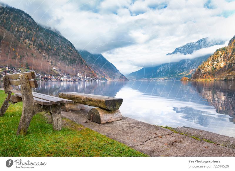 Rustic benches on lakeshore Calm Vacation & Travel Tourism Mountain Culture Nature Alps Lakeside Small Town Old town Optimism Peaceful Serene Austrian Alps