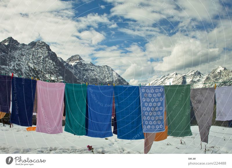 washing day Sky Clouds Autumn Winter Snow Alps Mountain Chalk alps Karwendelgebirge Snowcapped peak Towel Laundry Clothesline Washing Freeze Cleaning
