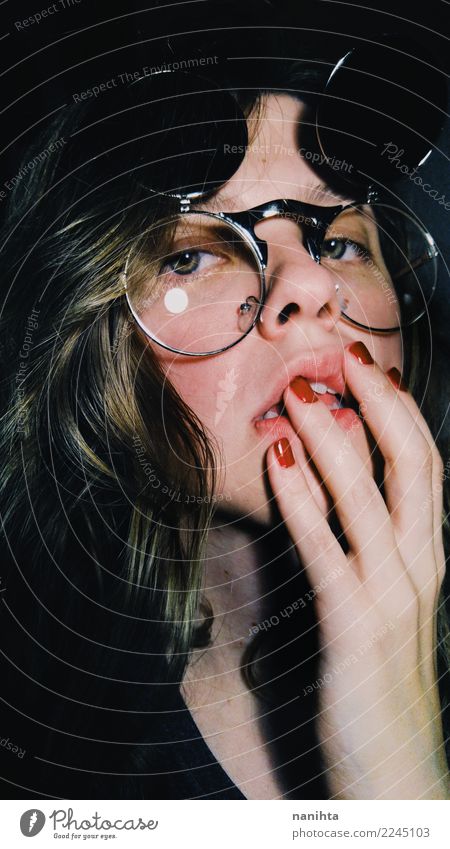 Young woman wearing retro glasses Style Beautiful Skin Face Human being Feminine Youth (Young adults) 1 18 - 30 years Adults Eyeglasses Sunglasses Brunette