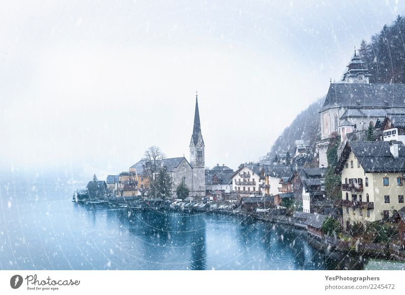 Hallstatt town on a snowy day Vacation & Travel Mountain House (Residential Structure) New Year's Eve Weather Bad weather Storm Snow Snowfall Alps Lake Church