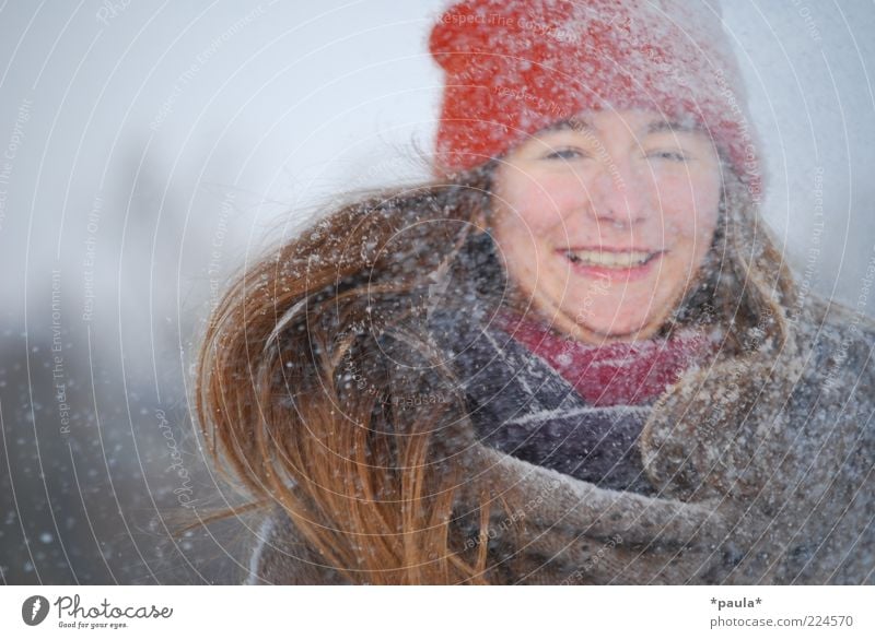 Snow! Feminine Youth (Young adults) Head Hair and hairstyles Face 1 Human being Winter Snowfall Scarf Cap Brunette Long-haired Movement To enjoy Laughter