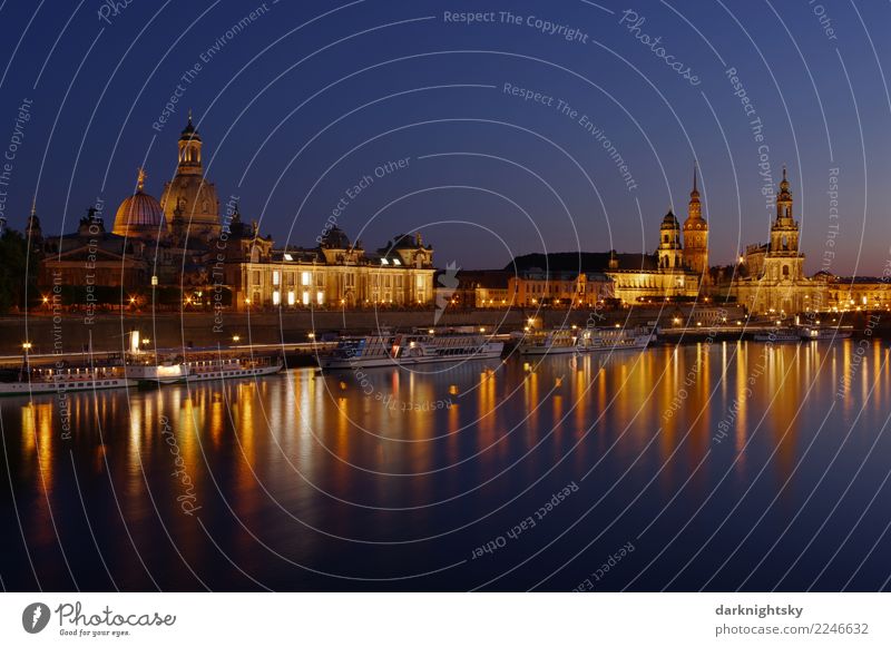 Panorama Dresden Night Germany Europe Town Downtown Old town Skyline Church Dome Palace Manmade structures Building Architecture Tourist Attraction Landmark