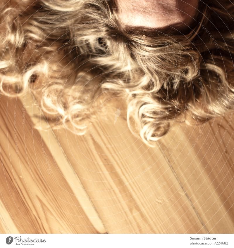 loose curl Feminine Woman Adults Head Hair and hairstyles Blonde Long-haired Curl Part Bangs Lie Dream Floorboards Strand of hair Wood Floor covering