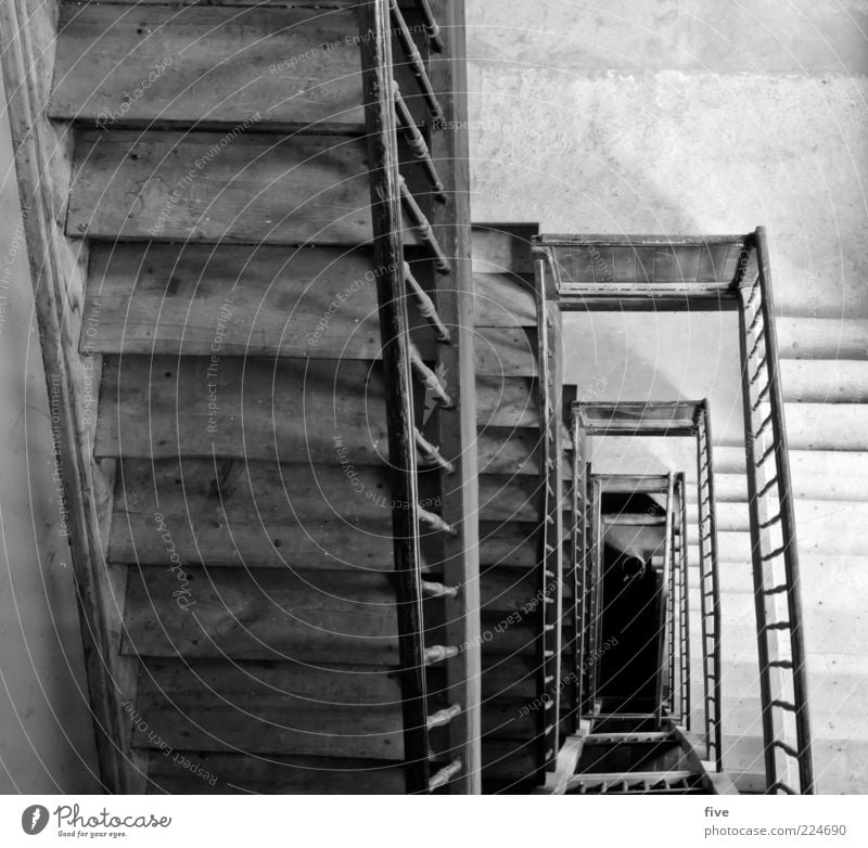 6th floor Manmade structures Building Stairs Old Sharp-edged Simple Tall Black White Banister Wood wooden staircase Old building Black & white photo