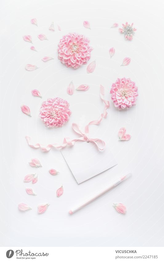 Pastel pink still life with flowers and greeting card Elegant Style Design Desk Party Event Feasts & Celebrations Valentine's Day Mother's Day Wedding Birthday