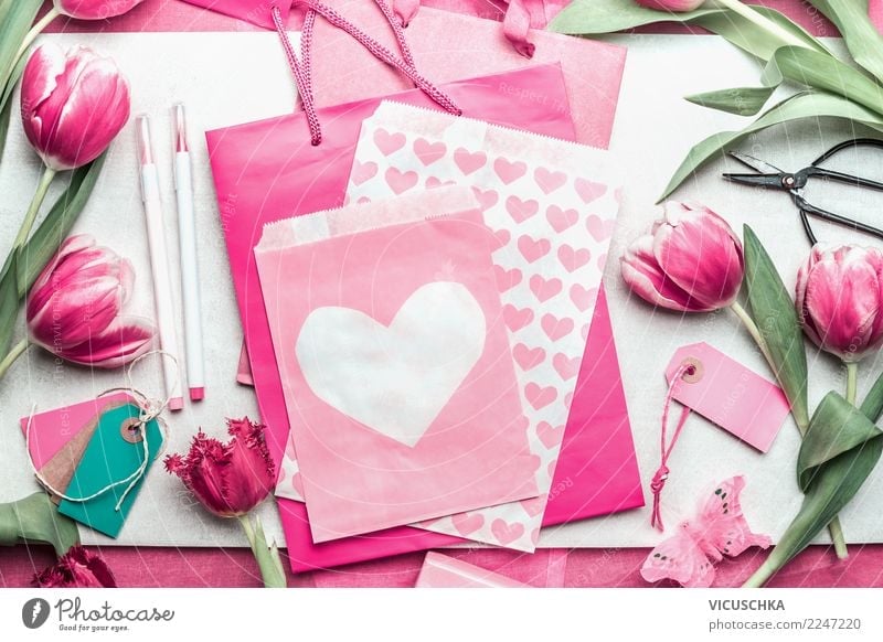 Pink gift packaging with tulips and hearts Style Design Table Party Event Feasts & Celebrations Valentine's Day Mother's Day Wedding Birthday Spring Flower