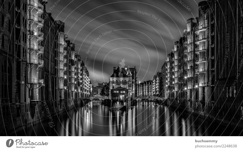 Moated castle Speicherstadt Hamburg in black/white Vacation & Travel Tourism Water Historic Elbe Europe Fleet Peninsula Hanseatic City Depot Poggen mill bridge