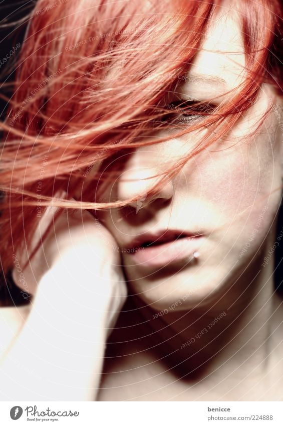 autumn red Woman Portrait photograph Red Red-haired Hair and hairstyles Wind Studio shot Close-up Earnest Sadness Feminine Piercing Looking into the camera