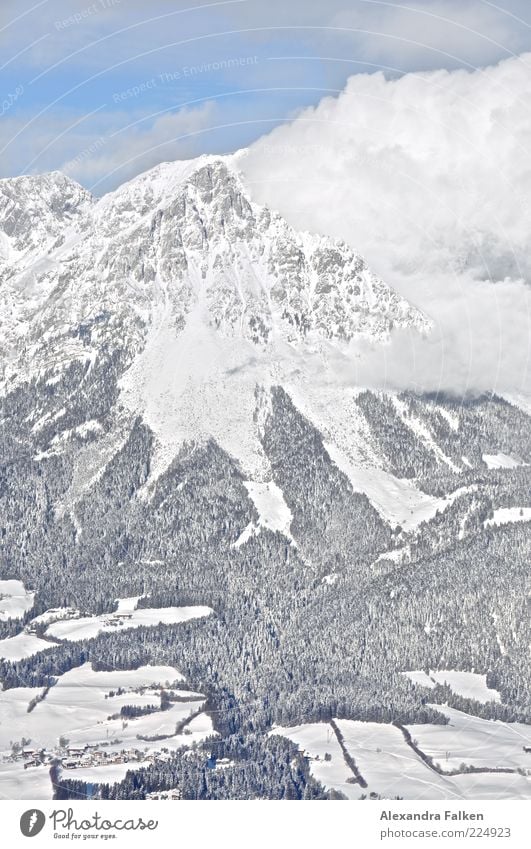 Cloud to cloud. Environment Nature Landscape Elements Earth Air Sky Clouds Winter Climate Weather Beautiful weather Snow Forest Hill Rock Alps Mountain Peak