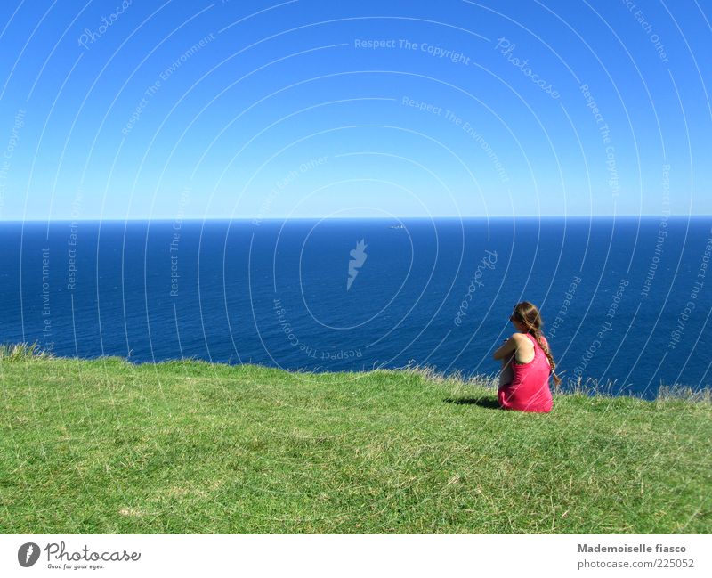 Wanderlust? Far-off places Summer vacation Feminine Young woman Youth (Young adults) 1 Human being Cloudless sky Beautiful weather Grass Hill Ocean Relaxation