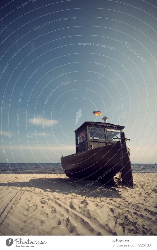 on the dry Fishing boat Environment Nature Landscape Elements Sand Water Sky Summer Beautiful weather Coast Baltic Sea Ocean Old Flag German Flag Sandy beach