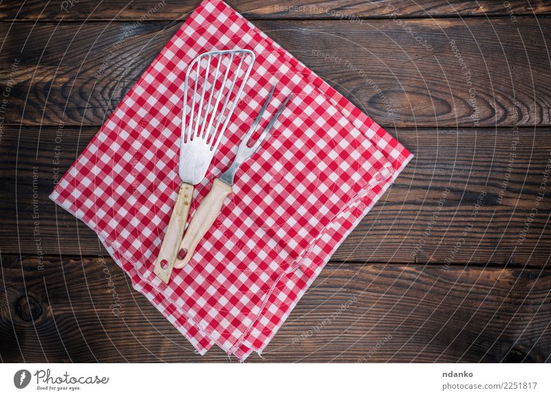 vintage kitchen appliances on a red napkin Cutlery Fork Table Kitchen Cloth Wood Retro Brown Red White cover picnic empty Menu textile Tablecloth Consistency