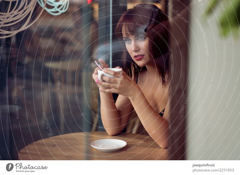 beauty girl sitting in a coffee shop with a cup in her hands Lifestyle Beautiful Face Table Business Woman Adults Street Sit Modern White glass young reflecting