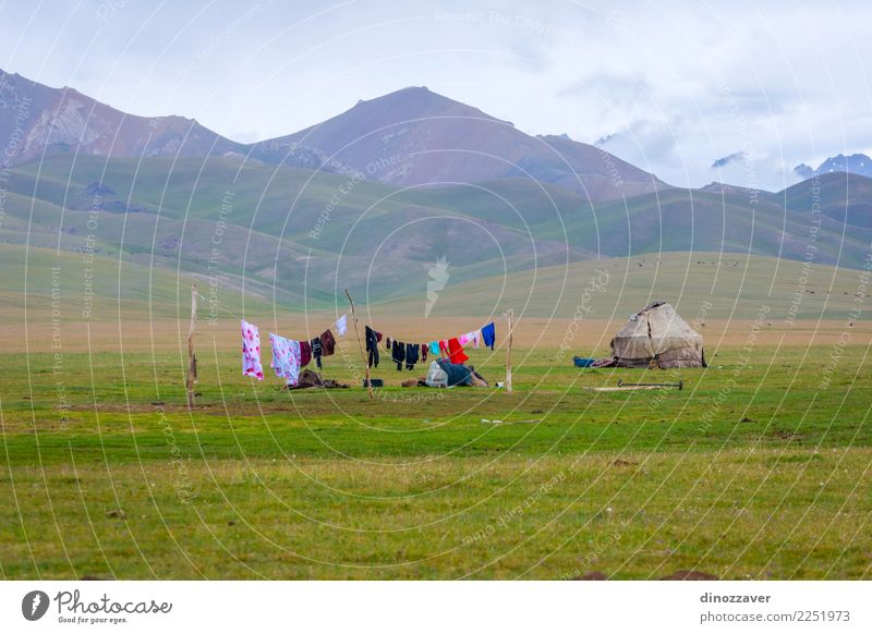 Yurt with laundry drying, Kyrgyzstan Vacation & Travel Tourism Camping Summer Mountain House (Residential Structure) Culture Nature Landscape Grass Meadow Hill