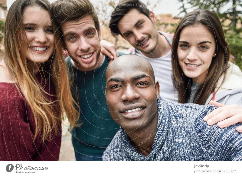 Multiracial group of friends taking selfie together Lifestyle Joy Happy Beautiful Leisure and hobbies Vacation & Travel Telephone PDA Camera Technology