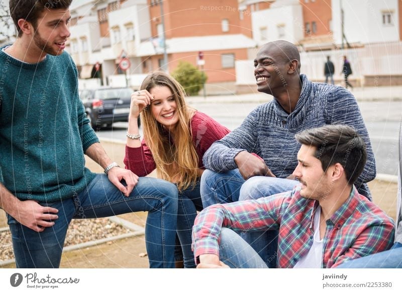 Group of multi-ethnic young people having fun together outdoors Lifestyle Joy Happy Academic studies Human being Young woman Youth (Young adults) Young man