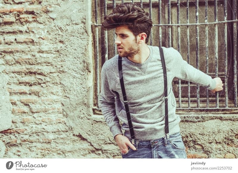 young man wearing suspenders in urban background Lifestyle Style Hair and hairstyles Summer Human being Masculine Young man Youth (Young adults) Man Adults 1