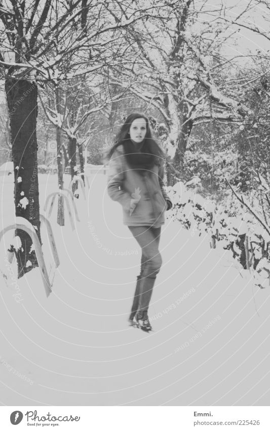 hey little girl Human being Feminine Young woman Youth (Young adults) 1 Winter Snow Going Looking Thin Gray White Black & white photo Exterior shot Day