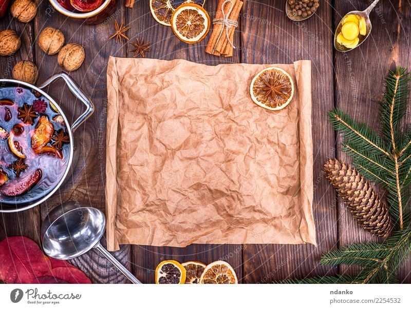 paper and ingredients for making mulled wine Herbs and spices Beverage Alcoholic drinks Mulled wine Pot Table Christmas & Advent New Year's Eve Paper Wood Hot
