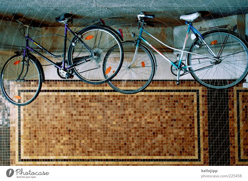 bicycle headliner Bicycle Means of transport Street Lanes & trails Stand Parking area Repair Mosaic Colour photo Multicoloured Exterior shot Deserted Light