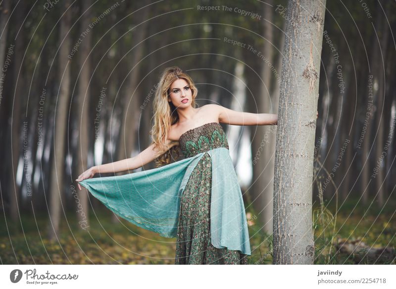 Blonde woman wearing vintage dress in a poplar forest Happy Beautiful Hair and hairstyles Relaxation Human being Feminine Young woman Youth (Young adults) Woman