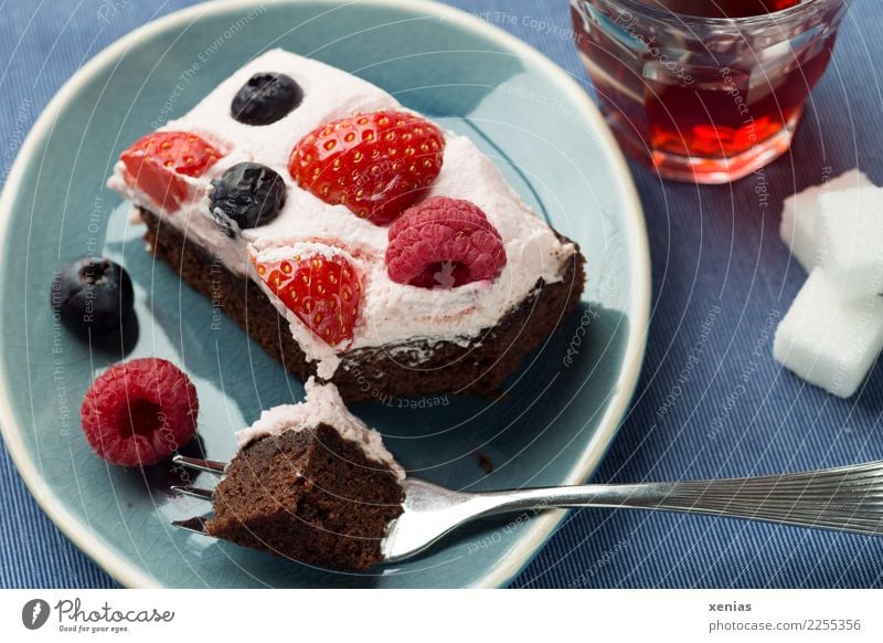 The essential in the afternoon - chocolate cake with cream and berries on a blue plate, served with red tea with sugar cubes Cake Chocolate Raspberry Fruit