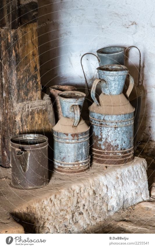 Old dusty tin cans are waiting for a new filling. Deserted Colour photo Antique Day Empty Forget Ancient roasted Tin Jug Interior shot Dusty Milk churn