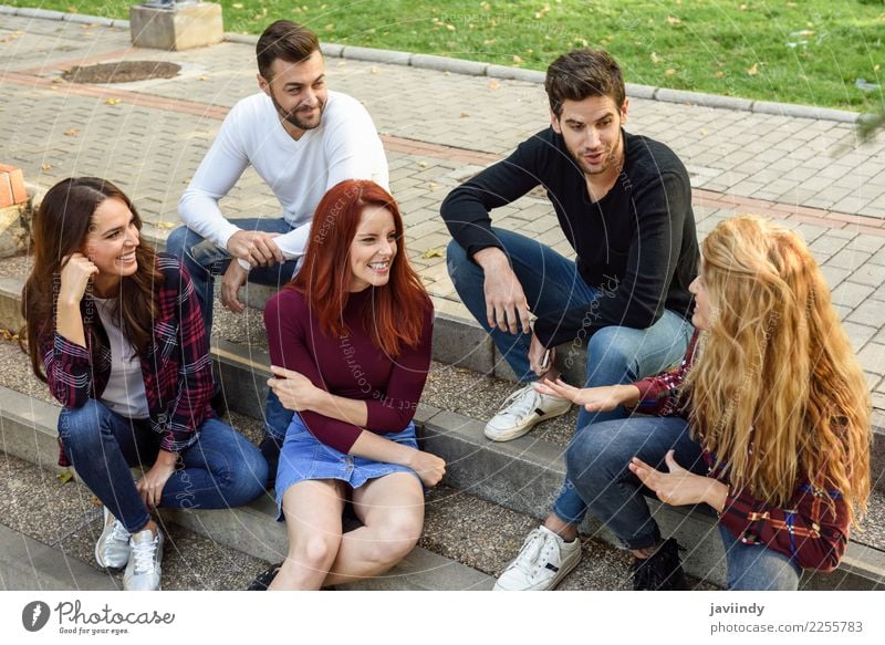 Group of young people together outdoors in urban background Lifestyle Joy Happy Beautiful Human being Masculine Feminine Young woman Youth (Young adults)