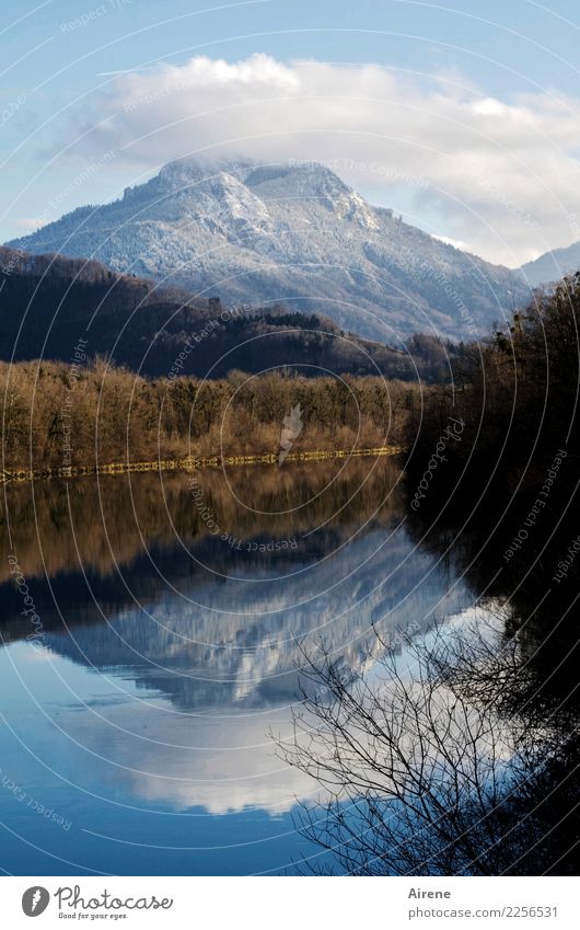 beyond the Inn-Stream Landscape Elements Air Water Sky Clouds Winter Beautiful weather Tree Mountain Peak Snowcapped peak River bank Rich pasture forest Bright