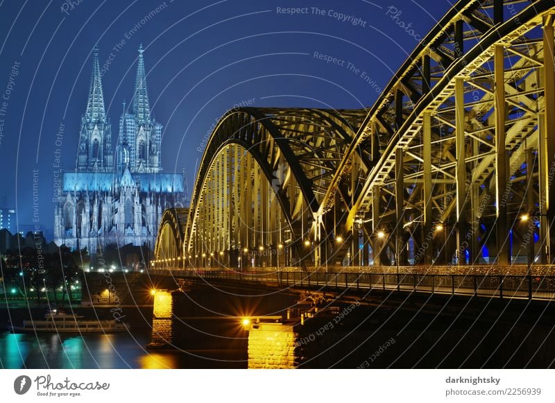 Cologne Night Sightseeing Water Cloudless sky Night sky Cologne Cathedral Hohenzollern Bridge Germany European Town Port City Old town Skyline Deserted Dome