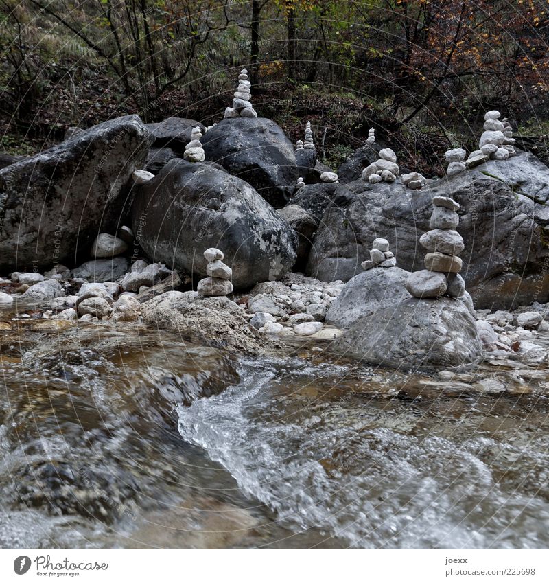 memorial stone Nature Water Bushes River bank Stone Old Fluid Wet Brown Moody Mysterious Pure Stack Brook Banks of a brook Pile of stones stone stack