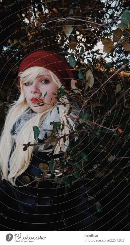 Young blonde woman wearing winter clothes into the woods Lifestyle Style Beautiful Human being Feminine Young woman Youth (Young adults) 1 18 - 30 years Adults