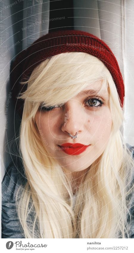 Young and blonde woman Style Skin Face Human being Feminine Young woman Youth (Young adults) 1 18 - 30 years Adults Youth culture Piercing Hat Blonde