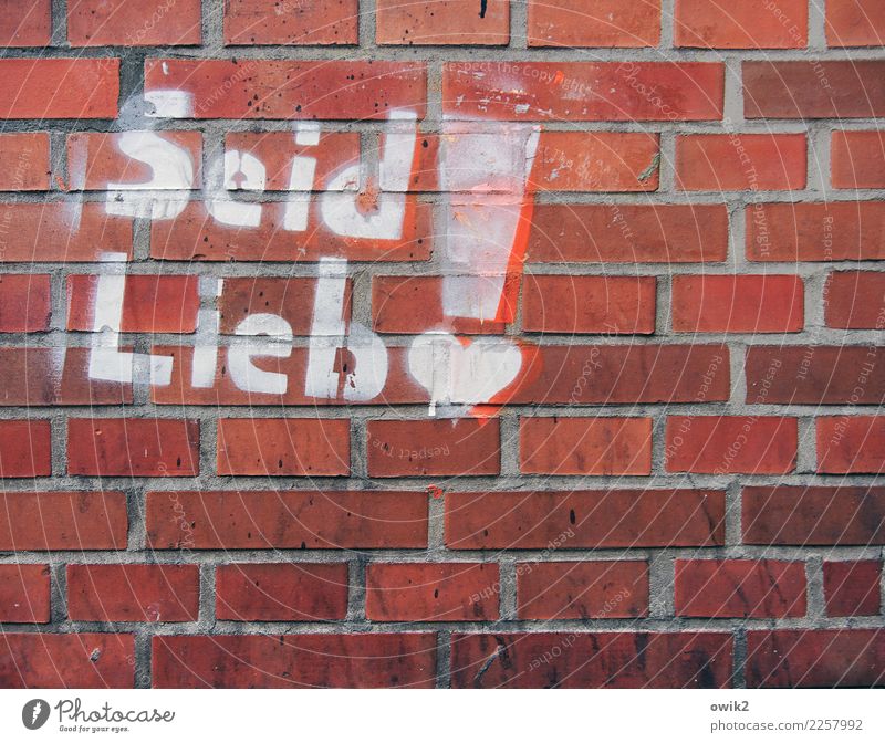 Public need Luneburg Wall (barrier) Wall (building) Facade Brick wall Characters Heart Inscription Stencil letters Dye Red White Desire Longing Expectation Hope