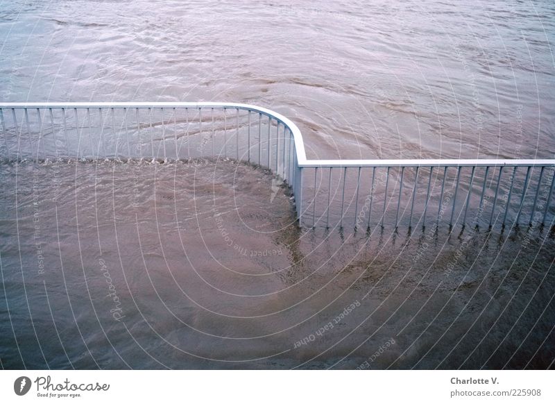 high water Environment Water River bank Elbe Deserted Handrail Boundary Metal Fluid Blue Pink Silver Contentment Movement Symmetry Flood Inundated Flow Fence