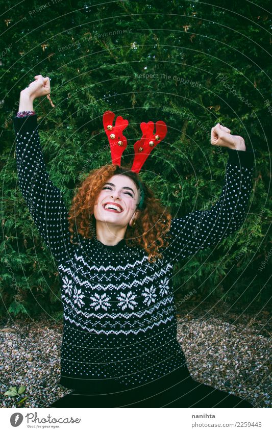 Young redhead woman enjoying a christmas day Lifestyle Elegant Style Joy Wellness Well-being Feasts & Celebrations Christmas & Advent New Year's Eve Human being