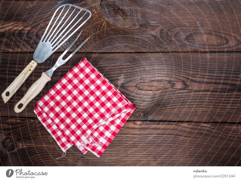 vintage kitchen appliances and a red napkin Cutlery Fork Table Kitchen Cloth Wood Retro Brown Red White cover picnic empty Menu textile Tablecloth Consistency