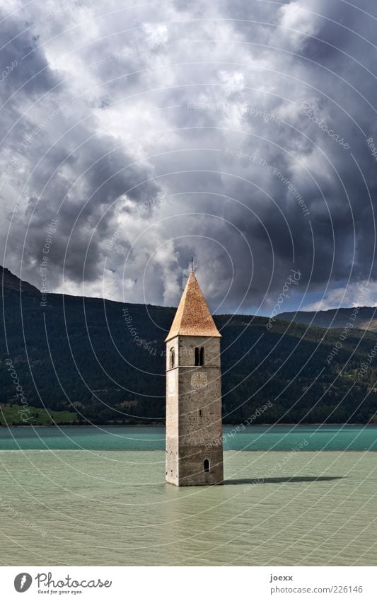 water tower Clouds Storm clouds Weather Lake Deserted Church Tourist Attraction Old Blue Gray Green Belief Puzzle Decline Past Church spire Reservoir
