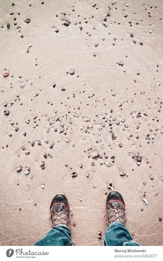 Person in hiking shoes stands on a beach, seen from above. Lifestyle Vacation & Travel Trip Adventure Freedom Expedition Beach Ocean Human being Feet 1 Nature