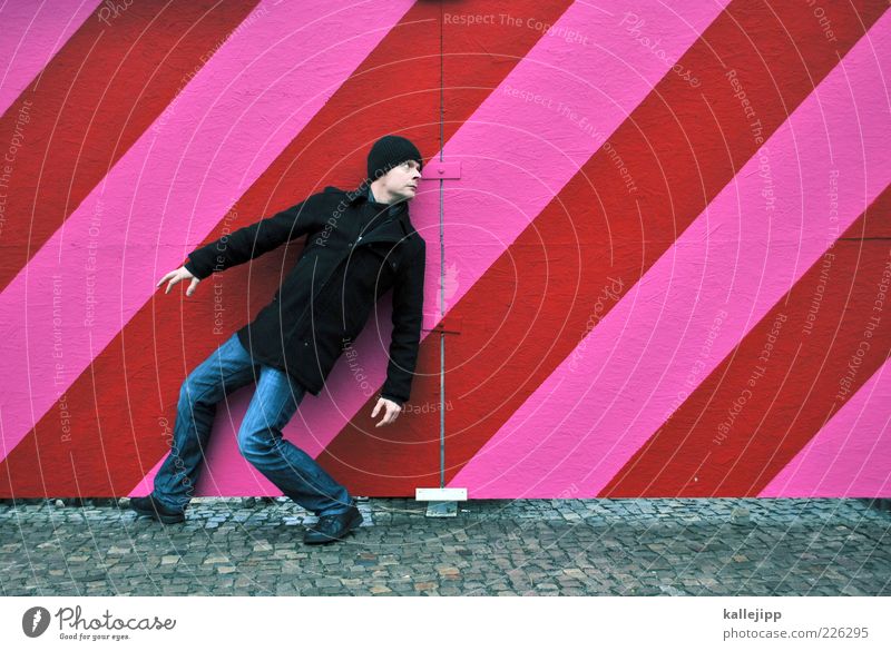 One Human being Masculine Man Adults 1 30 - 45 years Looking Pink Red Line Hoarding Turn back Dynamics Colour photo Multicoloured Exterior shot Full-length