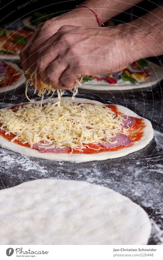 pizza Sausage Cheese Nutrition Fast food Finger food Italian Food Colour photo Studio shot Central perspective Pizza Allocate Hand Make Salami Cooking